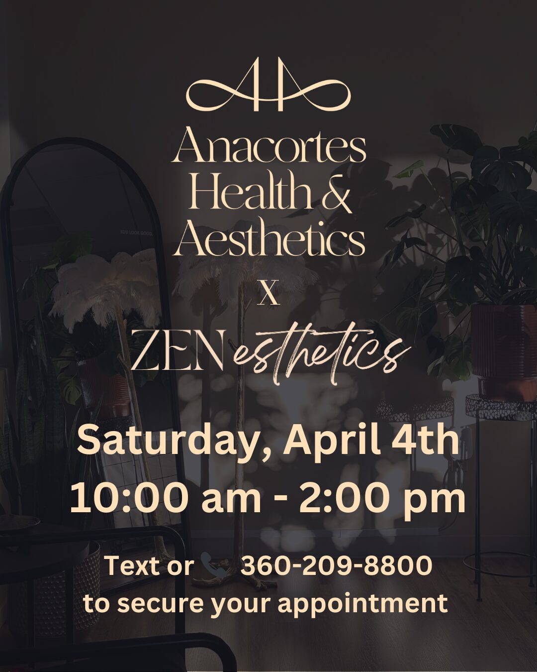 Oak Harbor Dysport pop-up event poster for ZEN Esthetics featuring Anacortes Health & Aesthetics Aesthetic Nurse Injector Trish offering treatments and consultations on April 4.
